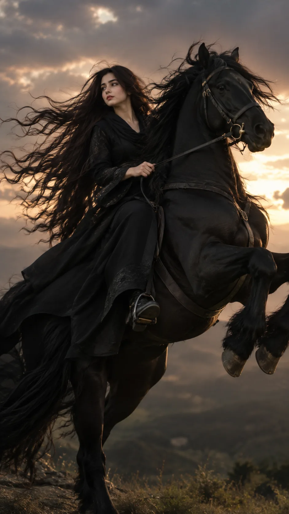 Prompt: A highly realistic cinematic fantasy portrait of a beautiful young adult woman riding a majestic black horse.