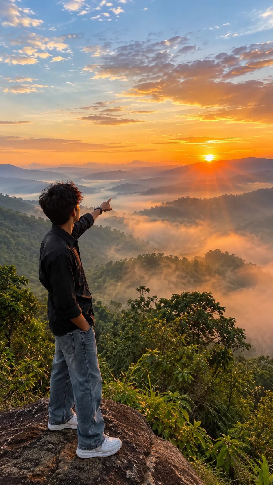Create an ultra-realistic 4K cinematic photograph of a young boy standing on a beautiful mountain surrounded by a natural, slightly dense