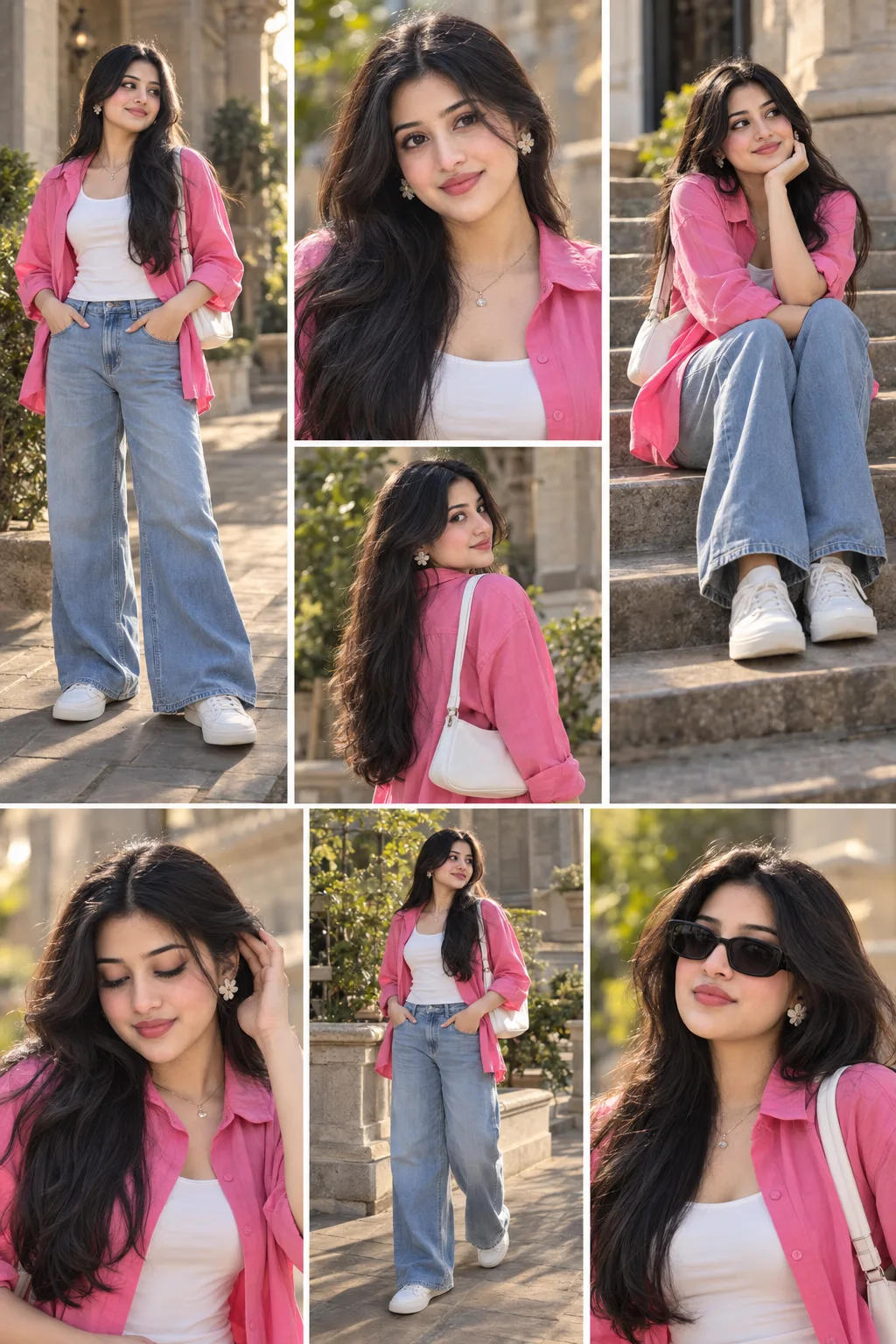 "Create a high-resolution photorealistic 7-photo fashion collage of the same young woman, using the reference image for her facial