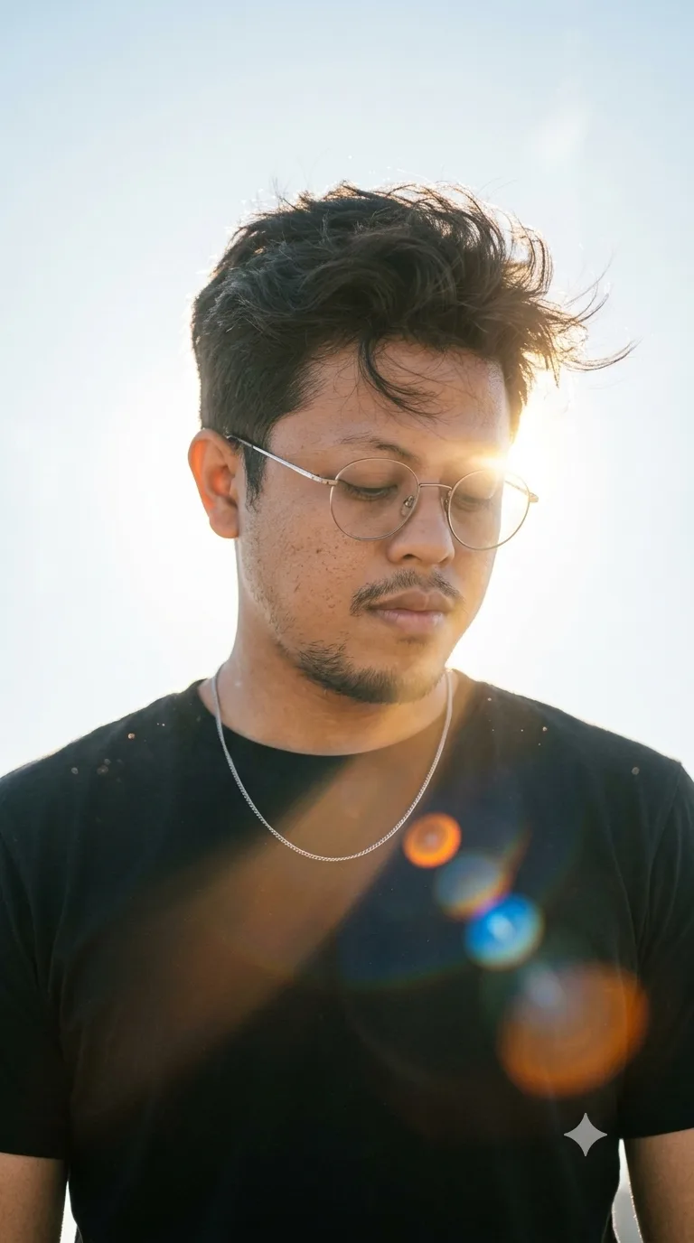 Backlit outdoor portrait of a young man with short, messy, wind-tousled dark brown hair and light stubble, head tilted down, eyes lowered
