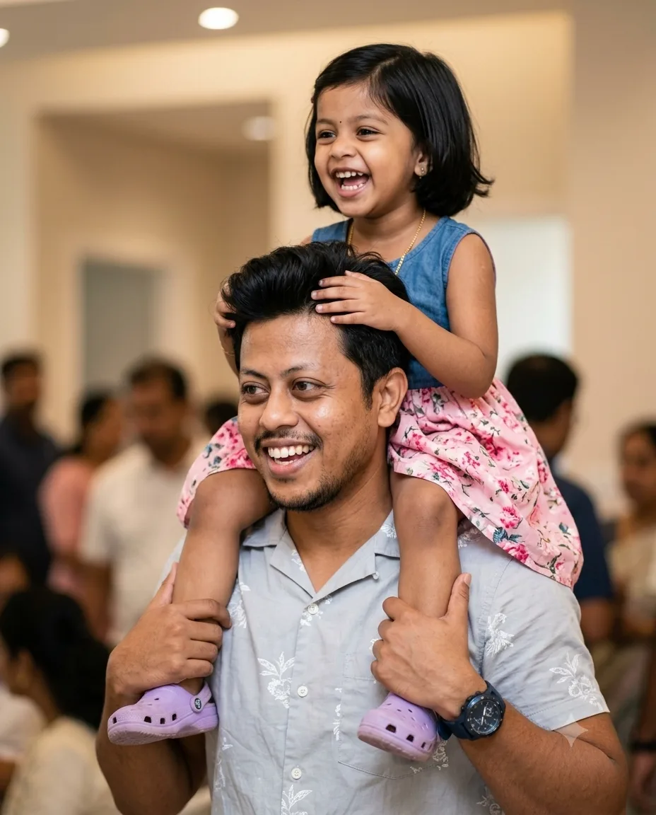 PROMPT Create an ultra-realistic, joyful cinematic lifestyle photograph of a young South Indian father carrying his little daughter on his