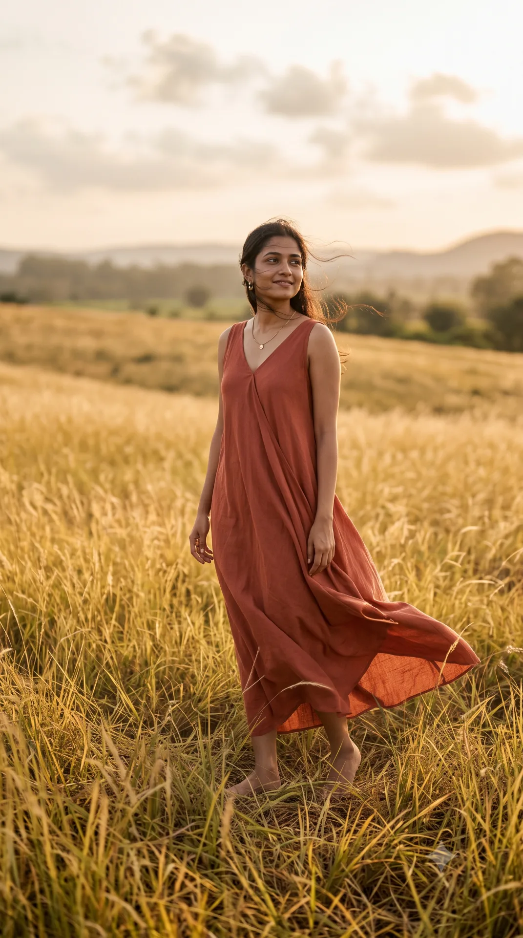 A three-quarter portrait of an Indian woman standing in a wide field of tall golden wild grass at late afternoon.