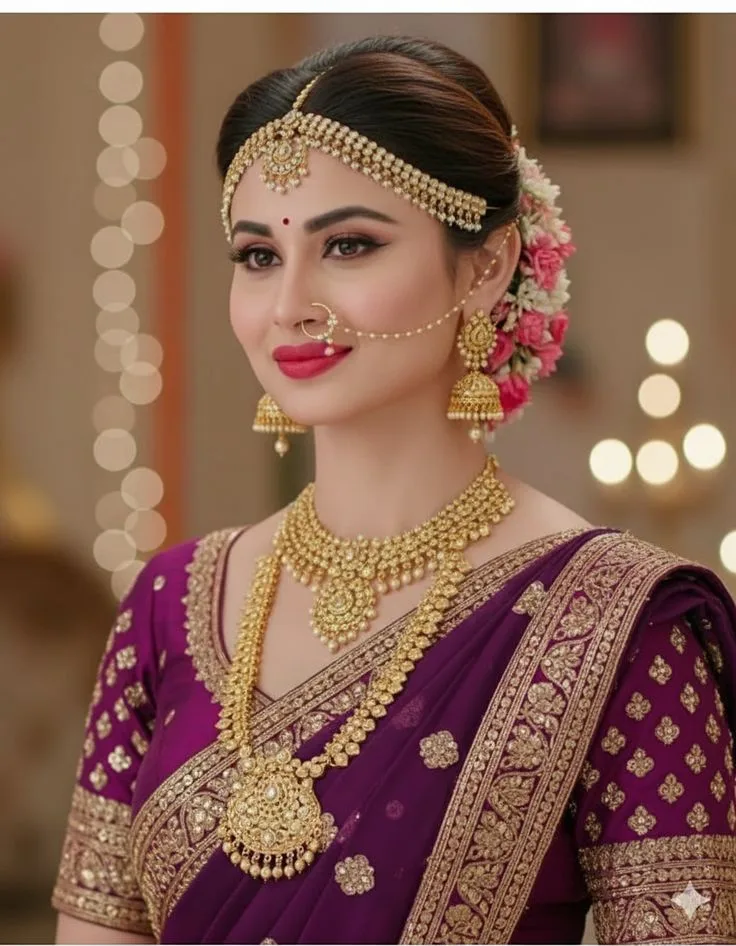 A close-up portrait of an elegant South Asian woman styled as a traditional bride, facing slightly off-camera with a subtle smile.