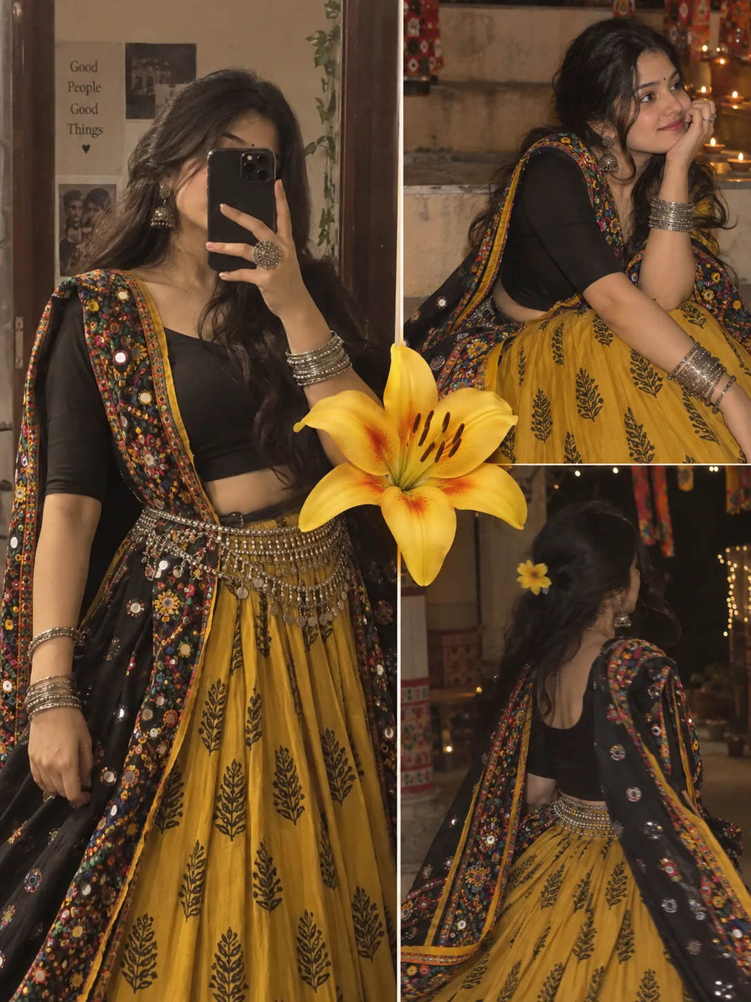A collage of three different photos showing a young Indian woman posing in a striking traditional Navratri outfit.
