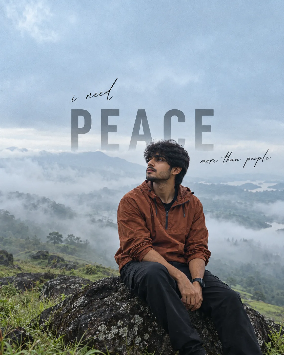 Create a cinematic, ultra-realistic outdoor editorial portrait of a young South Indian man sitting naturally on a rough dark volcanic rock