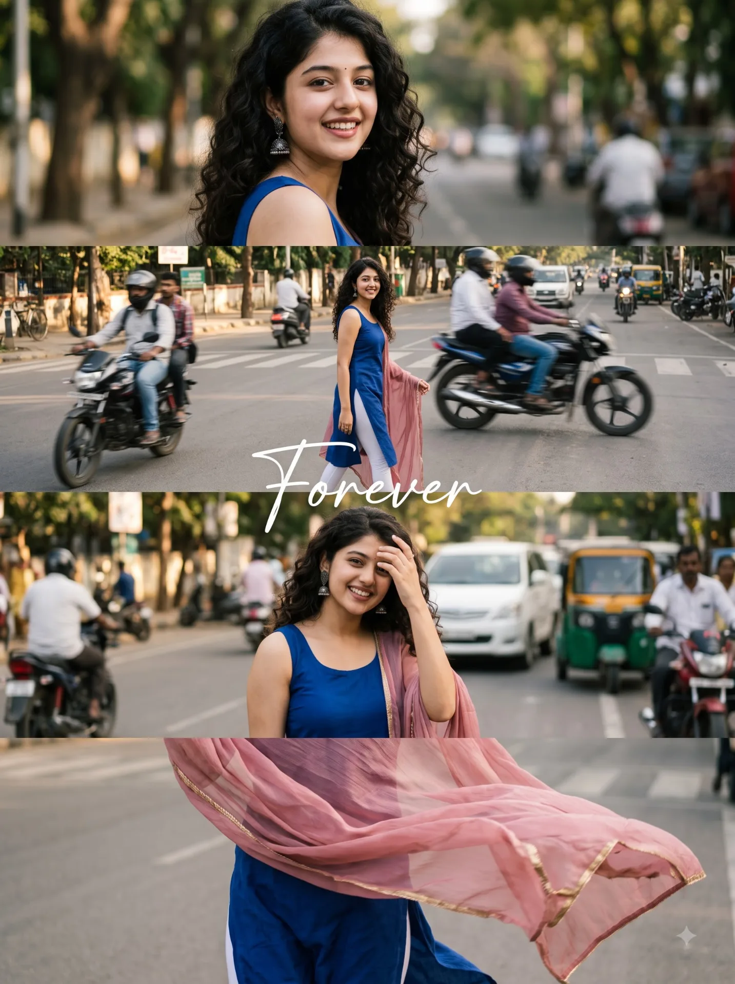cinematic four-panel vertical street-photography collage featuring the same young South Indian woman with dark shoulder-length hair, silver
