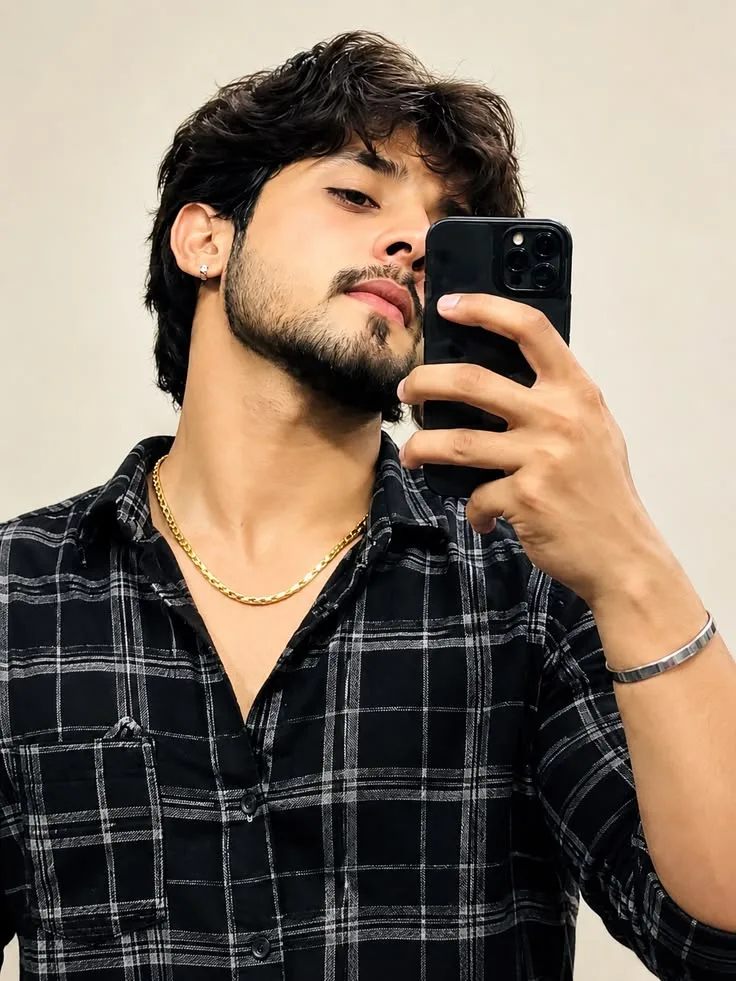 Candid Mirror Selfie of Young Indian Man in Black Plaid Shirt