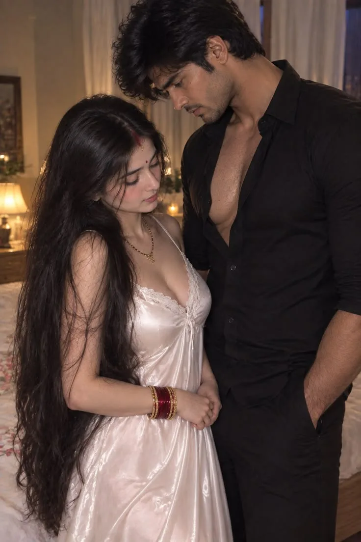 A photorealistic vertical medium shot in 2:3 aspect ratio capturing the young South Asian couple from the reference image in an intimate