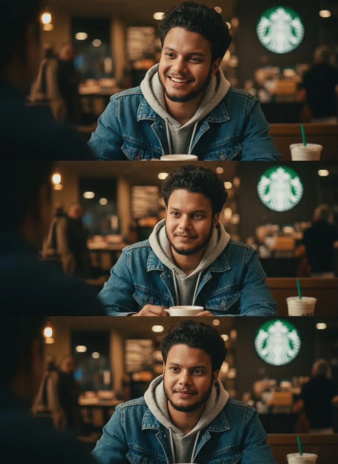 A realistic photographic triptych of a young South Asian man with curly black hair, light stubble, and a warm smile, seated at a wooden