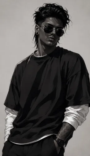 Anime Fashion Portrait Prompt A highly detailed monochrome anime-inspired fashion portrait of a young male character, shown from mid-thigh