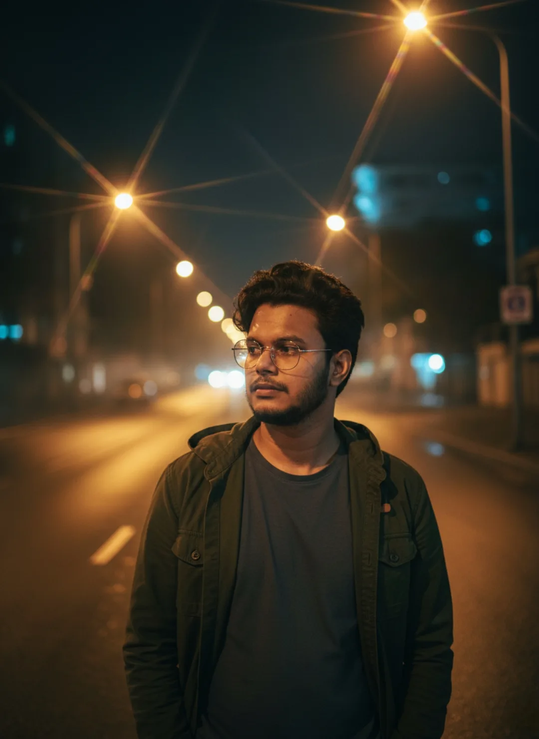 A cinematic night portrait of a 26-year-old south Asian male standing on a hazy urban street illuminated by glowing streetlights with