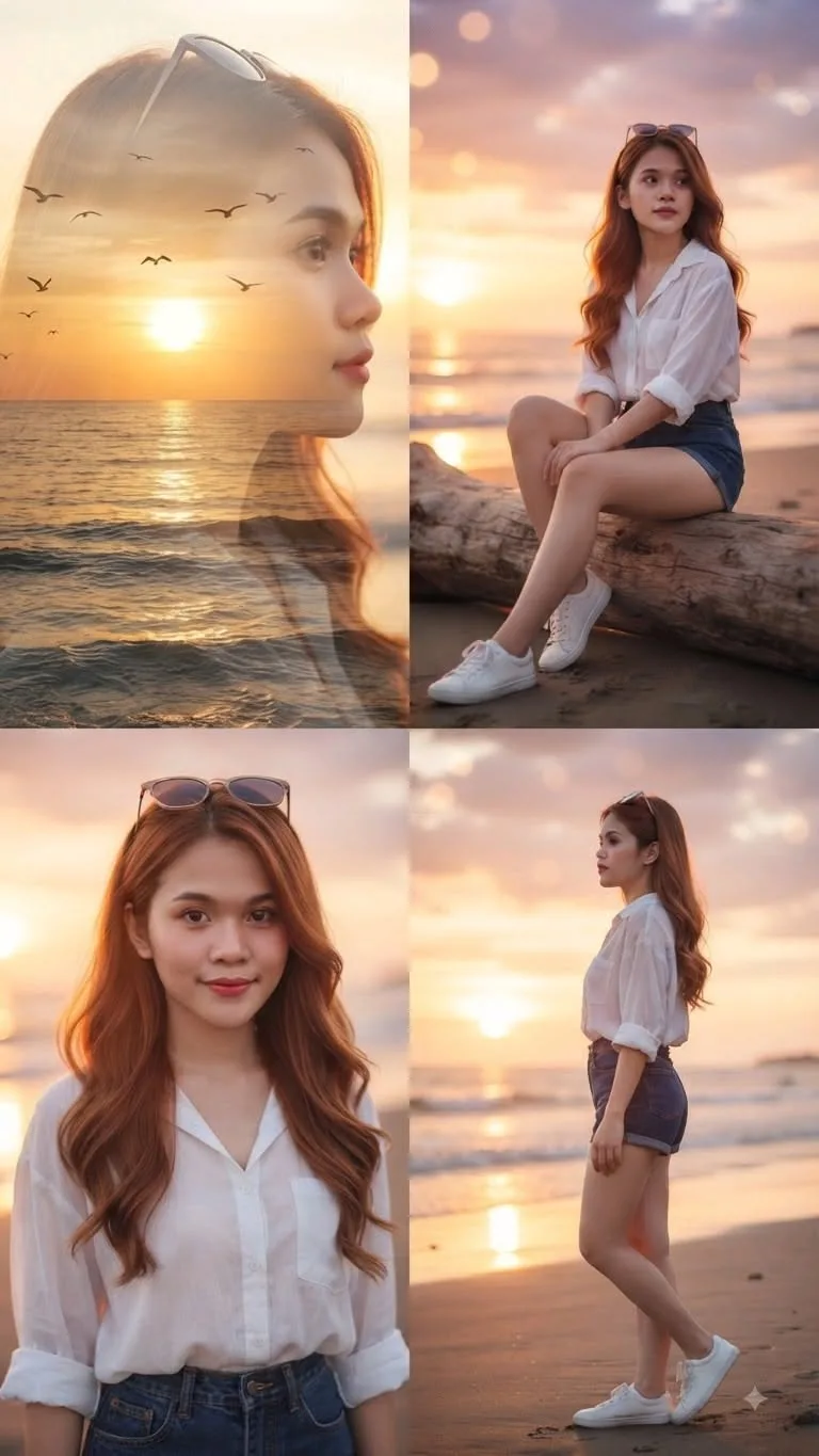 A 4-panel photography grid collage of a beautiful young Southeast Asian woman with long wavy auburn hair on a tropical beach at sunset.