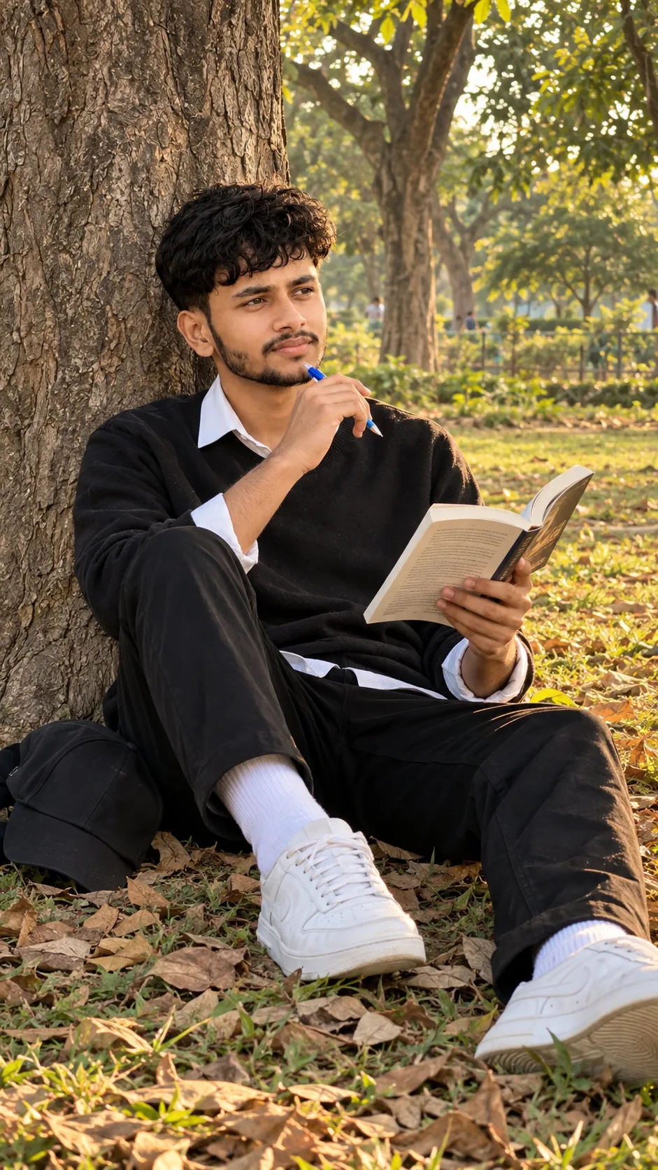 Ultra-realistic DSLR-style lifestyle portrait of a young man casually sitting against a large tree in a peaceful park during golden hour.