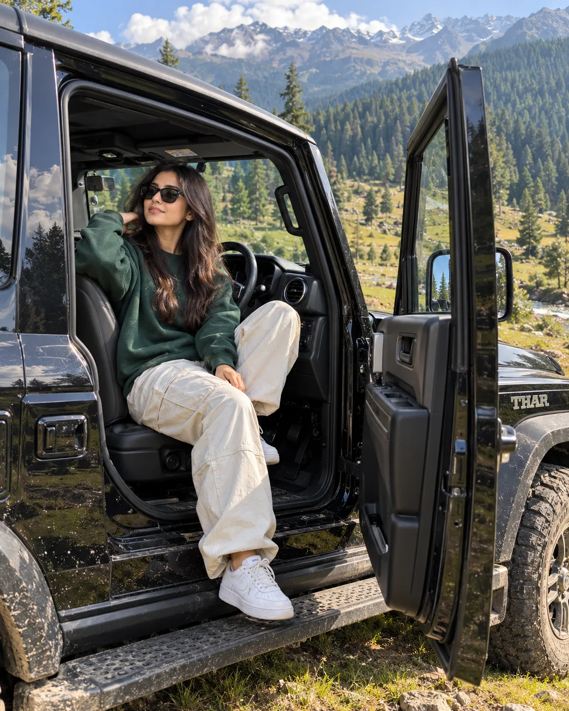 Ultra-premium DSLR HD 8K adventure photography, beautiful stylish woman sitting on the driver's seat area of an open-door black Mahindra