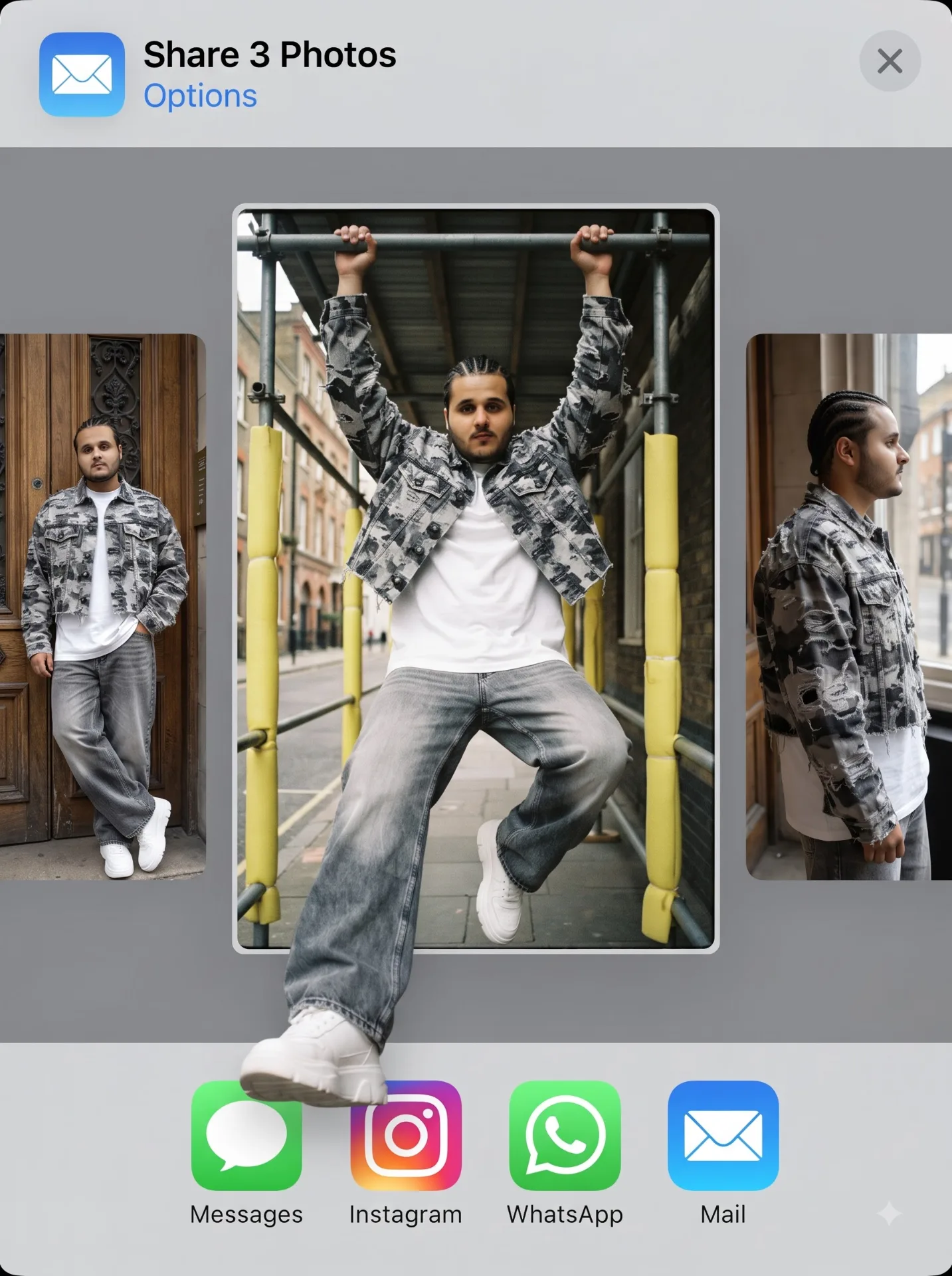 Out-of-bounds composite mimicking a phone photo-share interface, vertical 3:4, hyper-realistic, viral streetwear aesthetic.