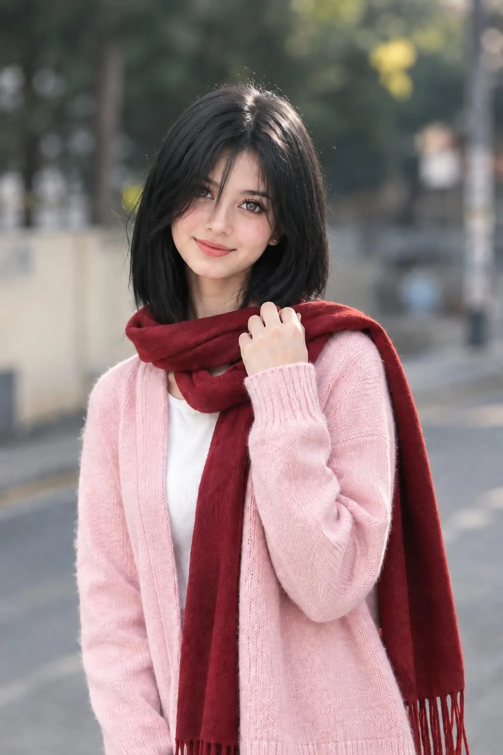 Create an ultra-realistic high-quality portrait of a young woman standing outdoors in a softly blurred urban street setting.