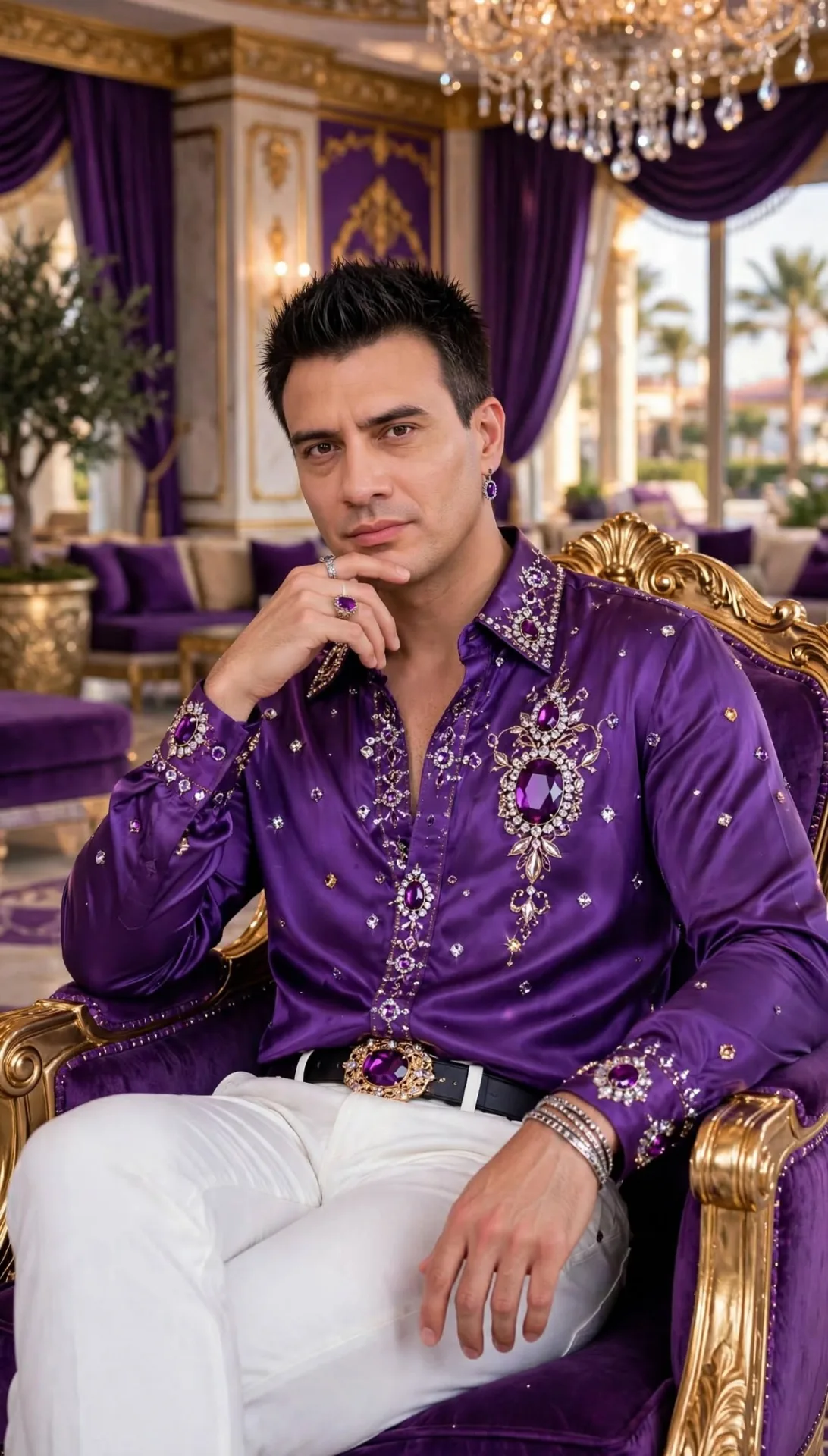 Create image using these references: First image - purple royal satin costume with jewel embroidery, large purple gems and silver crystals