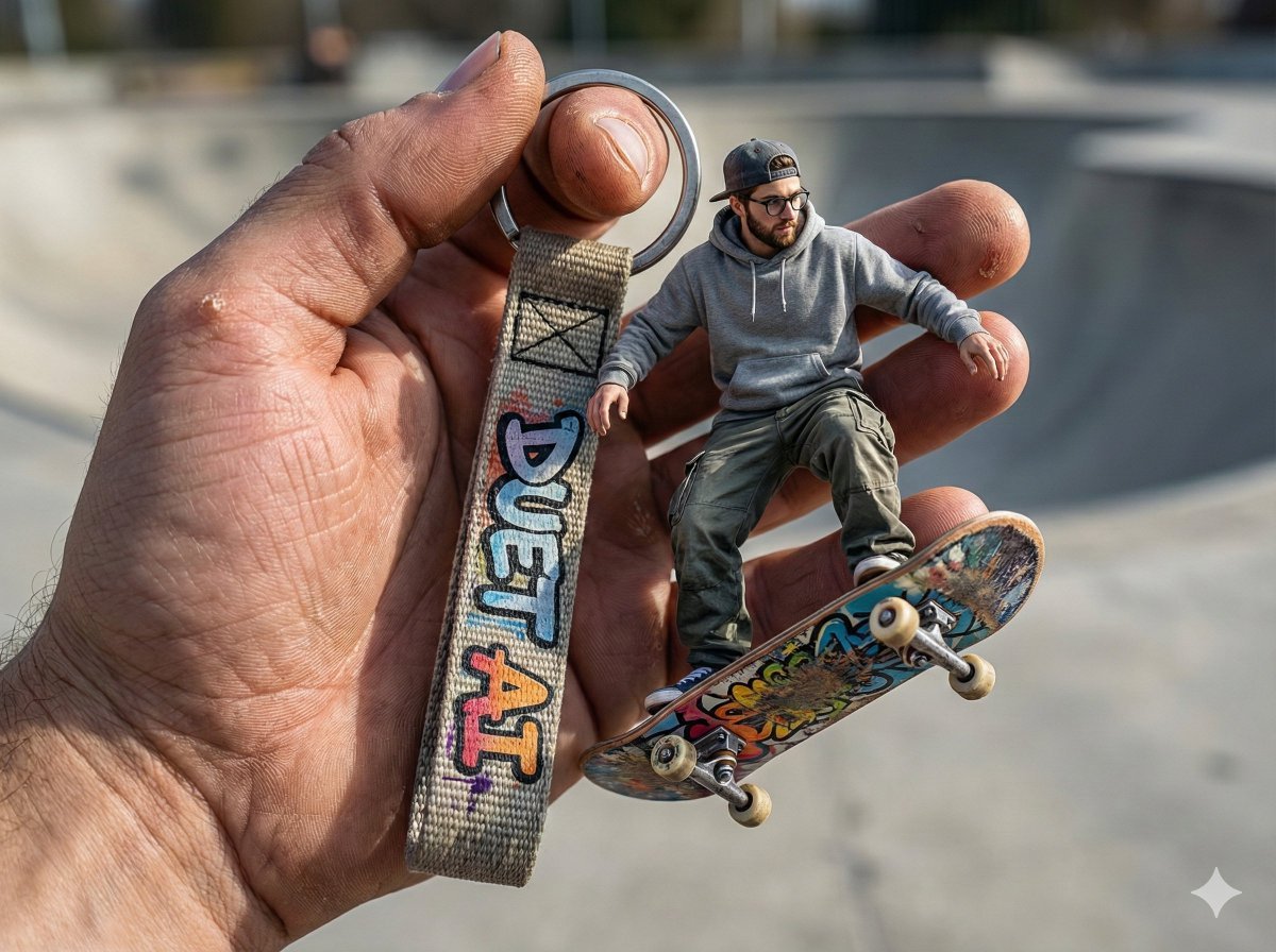 A hyper-realistic, 8k, high-fidelity close-up shot, showcasing a giant human hand holding a keyring against an extremely blurred background