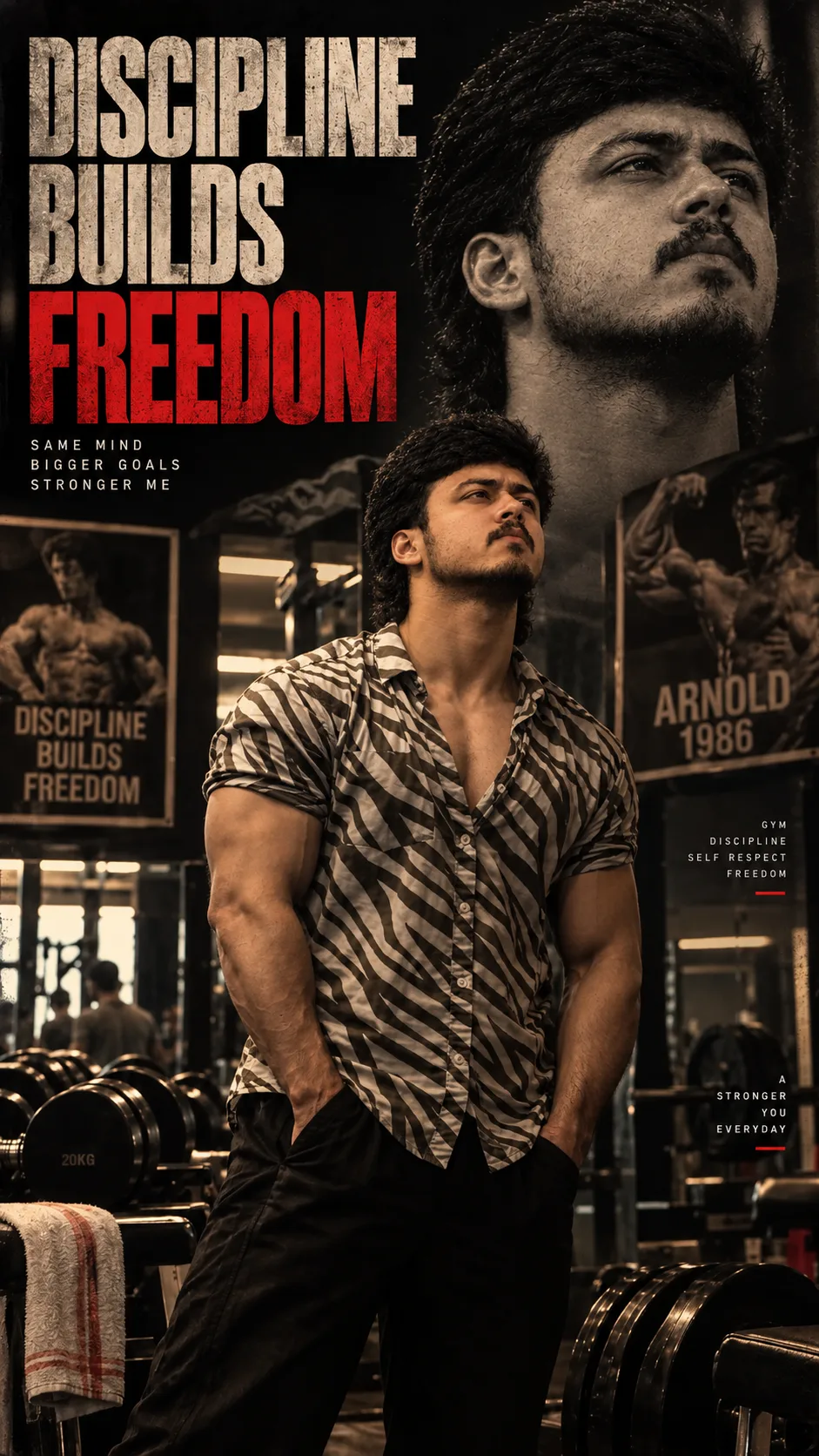 Create a cinematic, ultra-realistic motivational fitness poster inspired by the reference image.