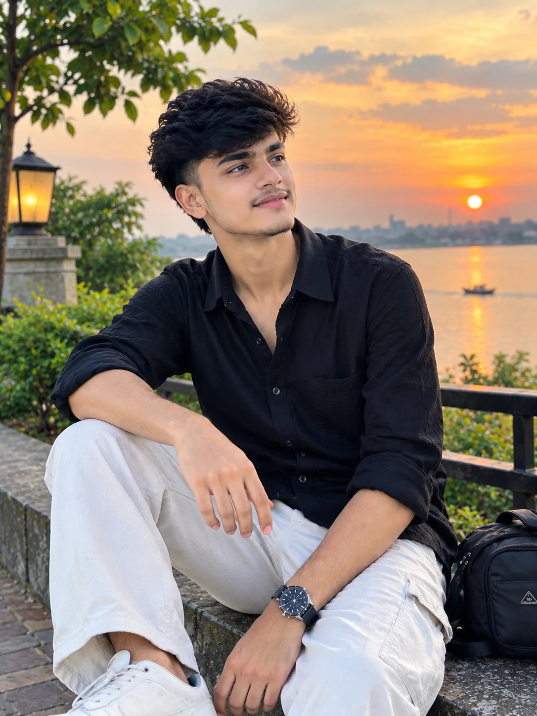 A handsome young South Asian man wearing a stylish black shirt, white trousers, white sneakers and a classic wristwatch, sitting beside a