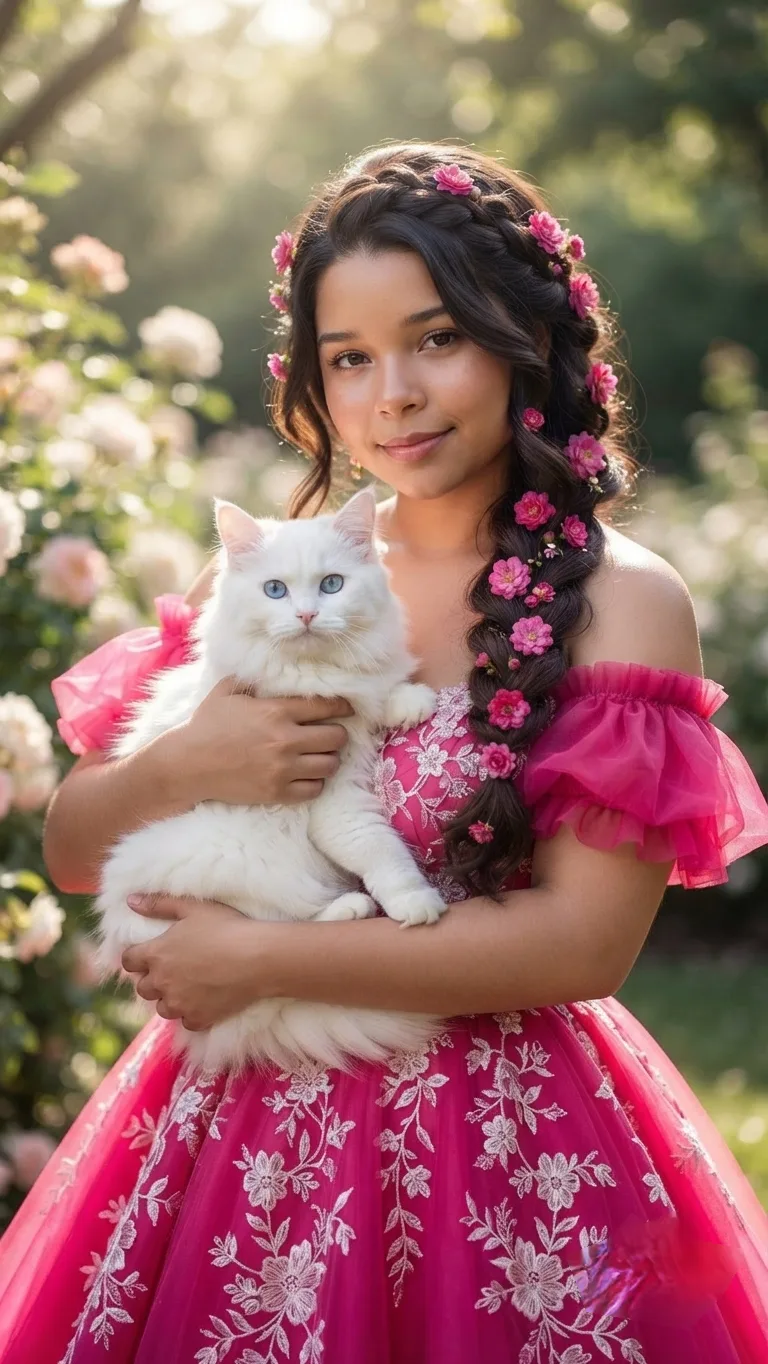 A hyper ultra realistic 8K portrait of a real photo, showing a young girl (face matching 100% model face) with long dark hair, adorned with