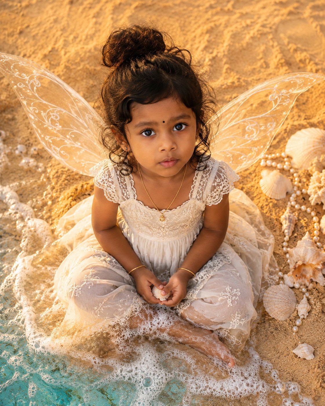 Ultra-realistic top-down aerial photograph of an adorable 3-year-old Indian toddler girl sitting cross-legged on a tropical beach at golden