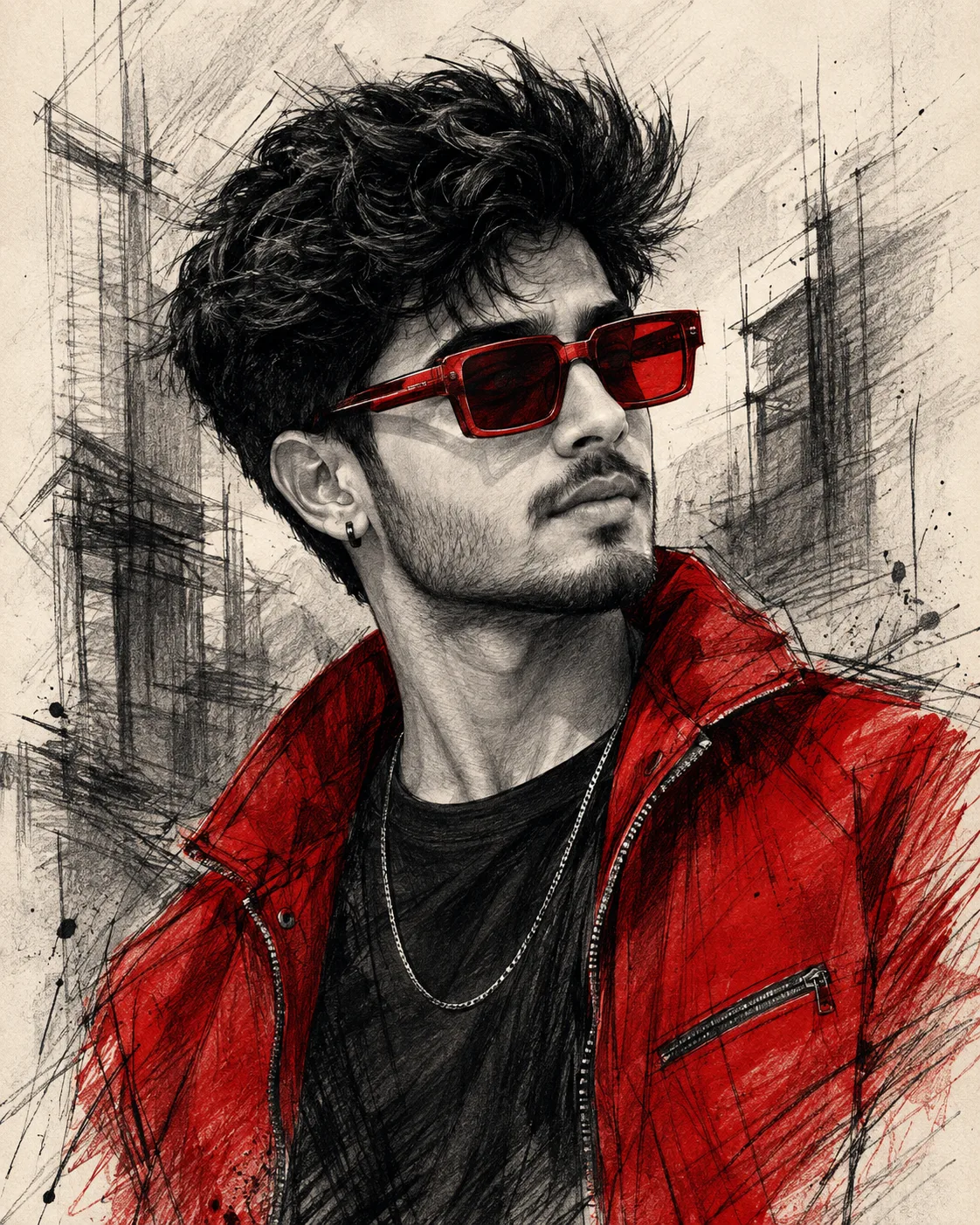 Create a highly detailed semi-realistic hand-drawn sketch portrait of a stylish young man, using the uploaded reference image as the strict
