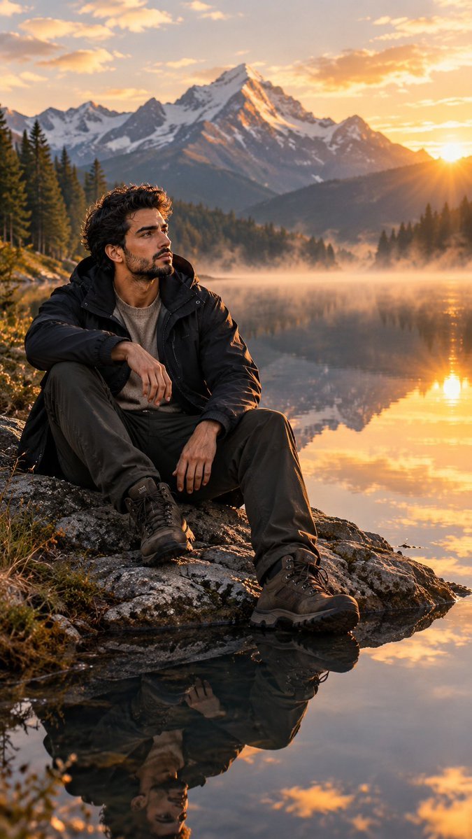 Man by alpine lake