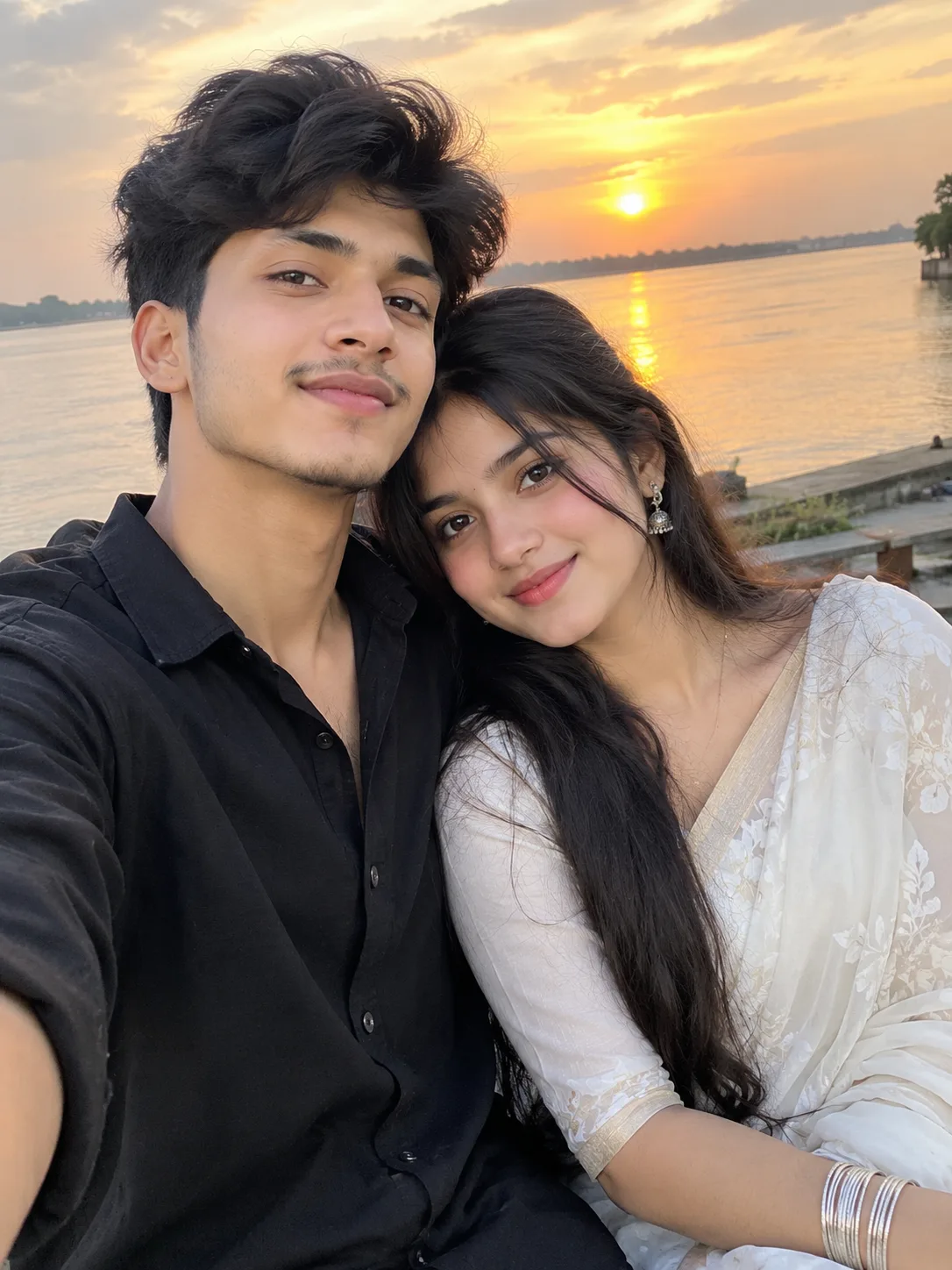 A highly realistic romantic selfie of a young South Asian couple sitting close together beside a peaceful river at sunset.