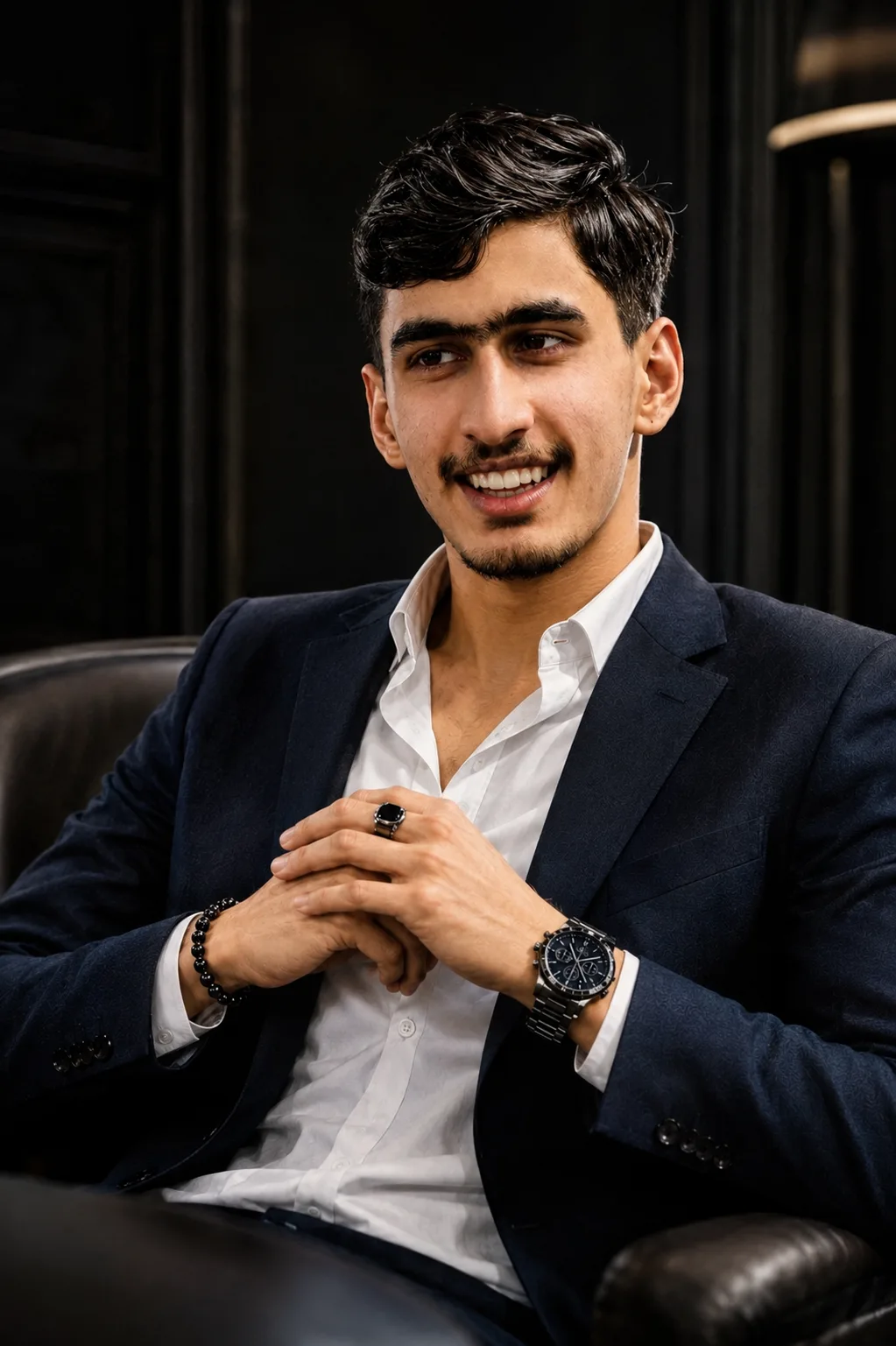 Create a photorealistic cinematic luxury fashion-editorial portrait of a handsome young adult man, approximately 20–28 years old, with