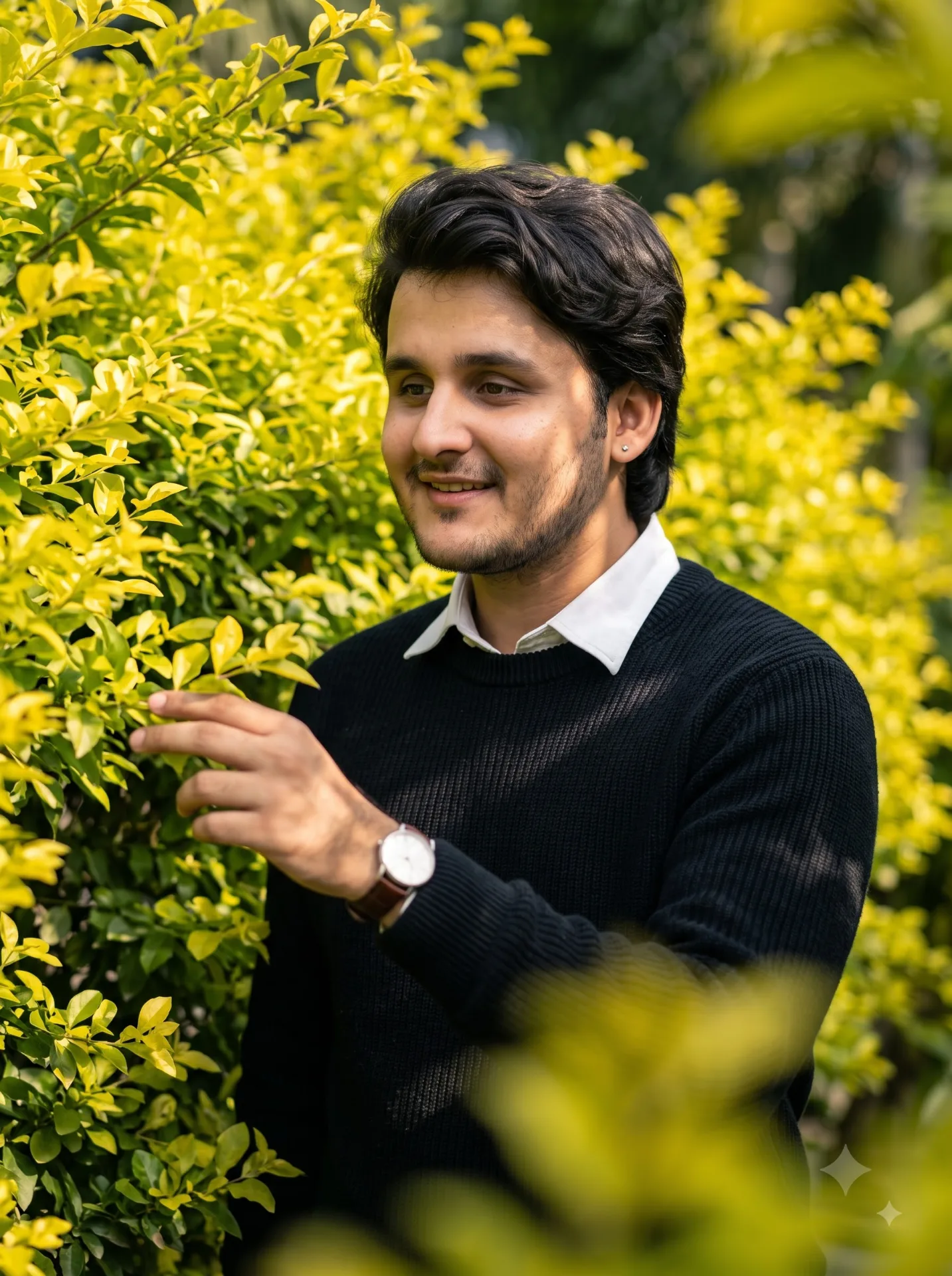 HYPERREALISTIC CANDID PHOTO, YOUNG MAN BKT MALE LOCK, STANDING AMID VIBRANT YELLOW-GREEN FOLIAGE, ONE HAND REACHING TOWARD LEAVES, LOOKING