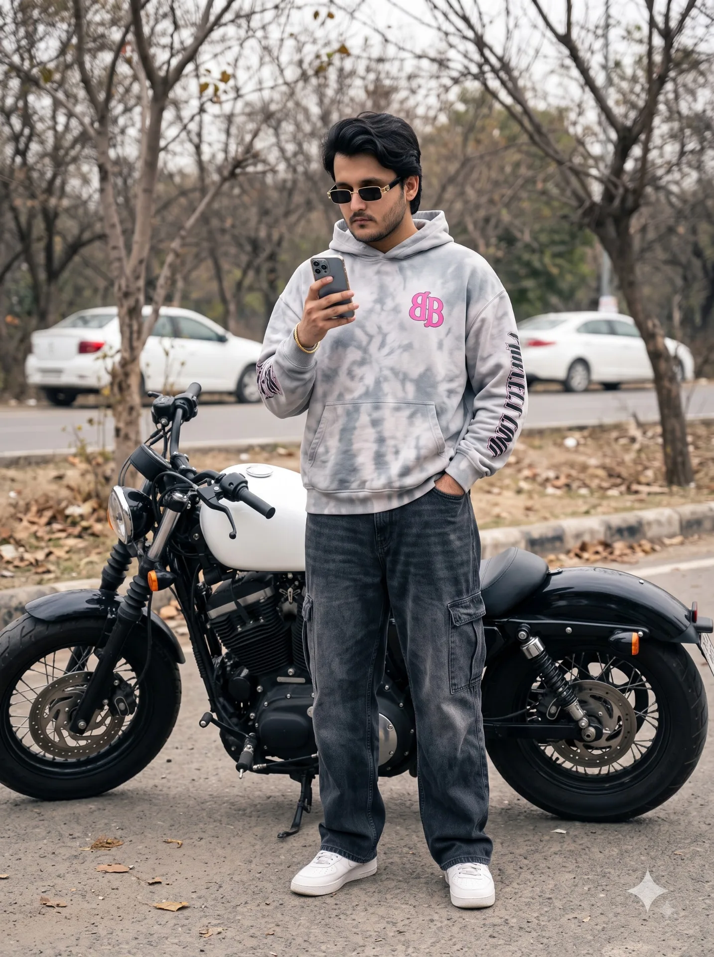 Photorealistic full-body vertical portrait of a young South Asian man in his 20s standing outdoors next to a cruiser motorcycle, eye-level