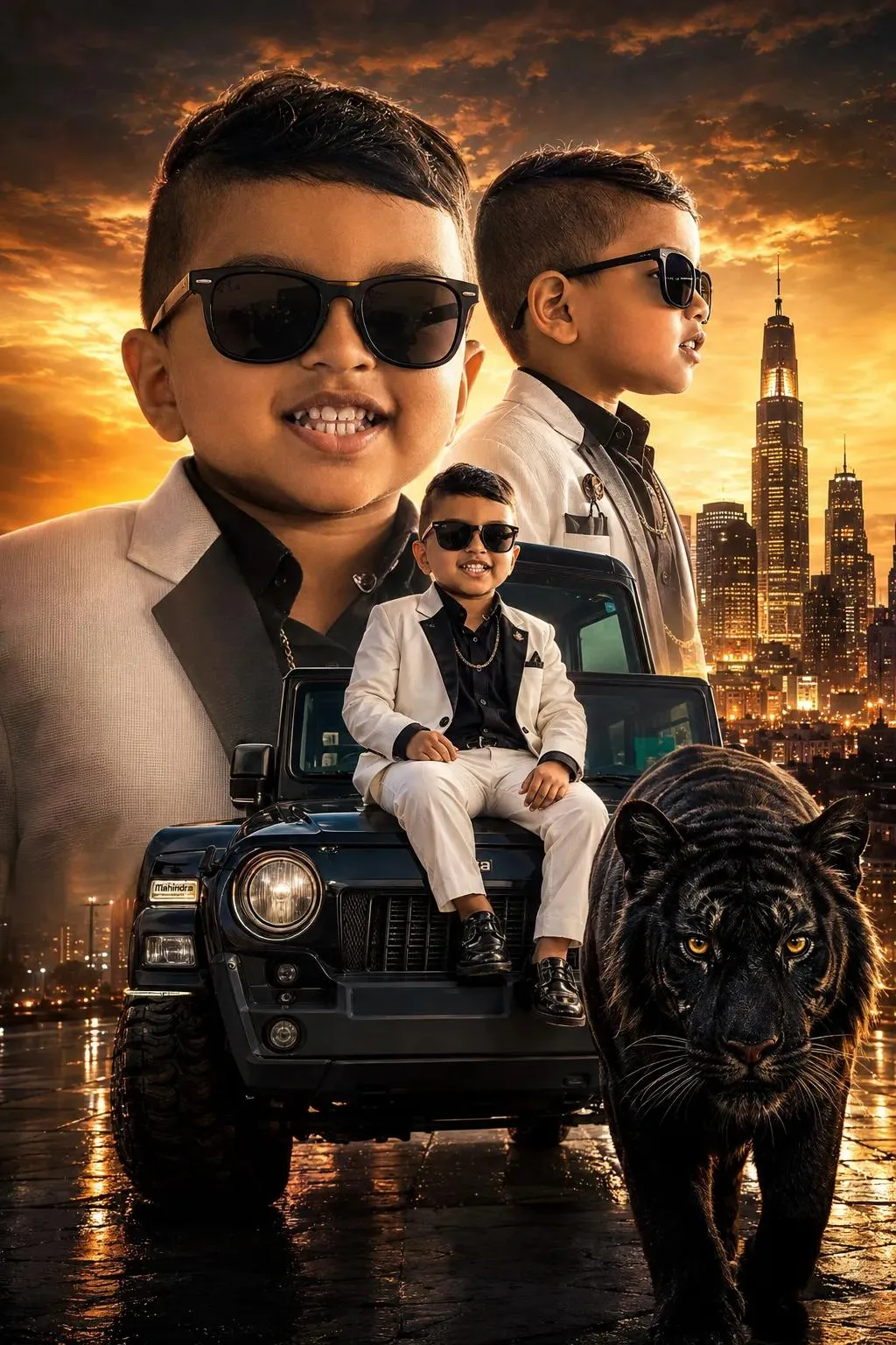 A complex, multi-layered photographic composite featuring a young South Asian boy in different scales.