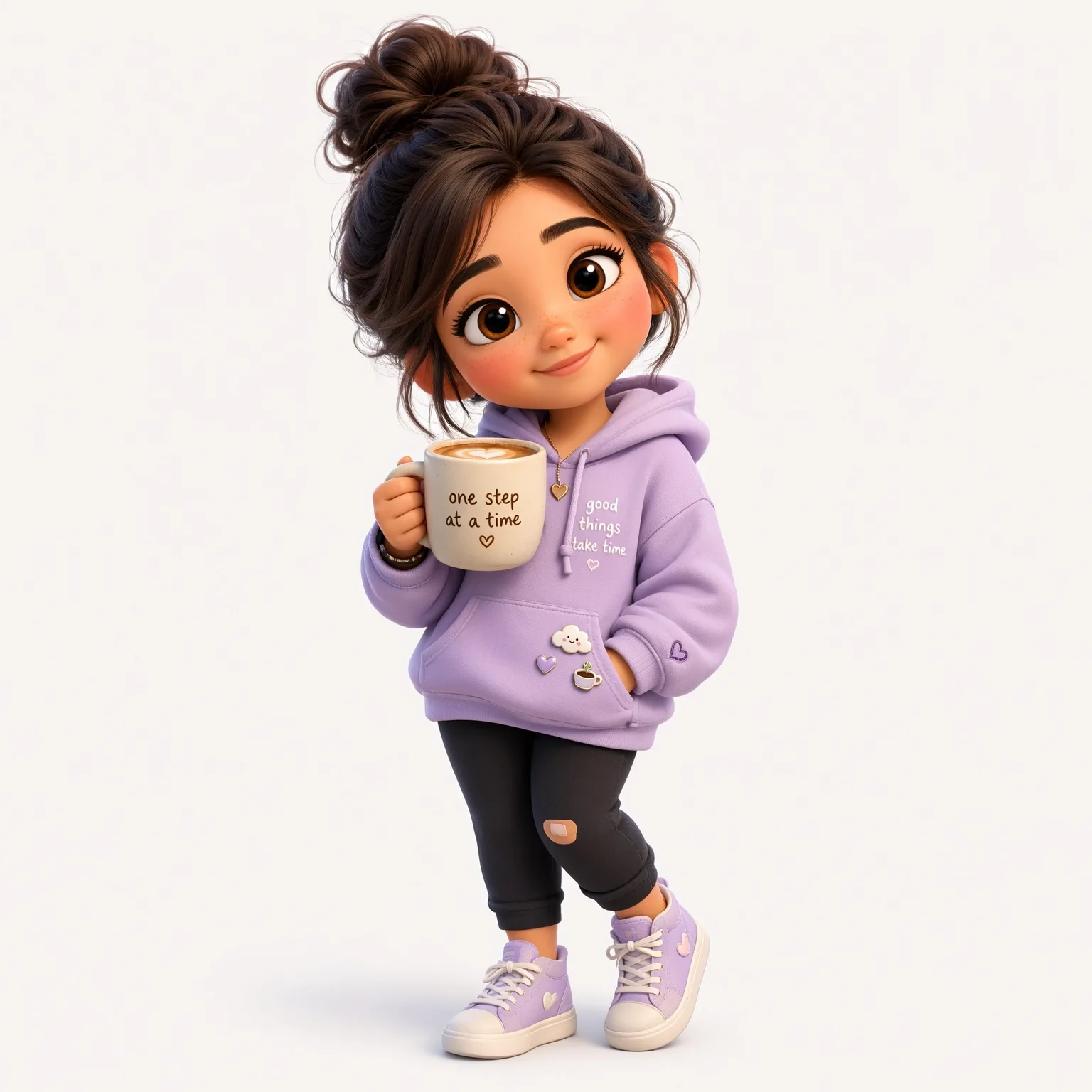 A cute 3D Pixar-style avatar of a cute girl holding a coffee cup, wearing a purple hoodie, vibrant pastel colors, smooth rendering,