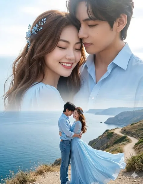 A beautiful, romantic, double-exposure pre-wedding style photography composite capturing a young, handsome East Asian man and a gorgeous
