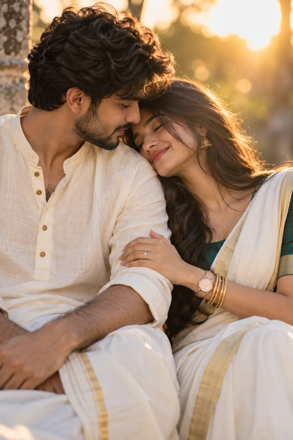 A high-quality, ultra-photorealistic romantic close-up portrait of a young South Asian couple sharing a quiet, intimate moment during