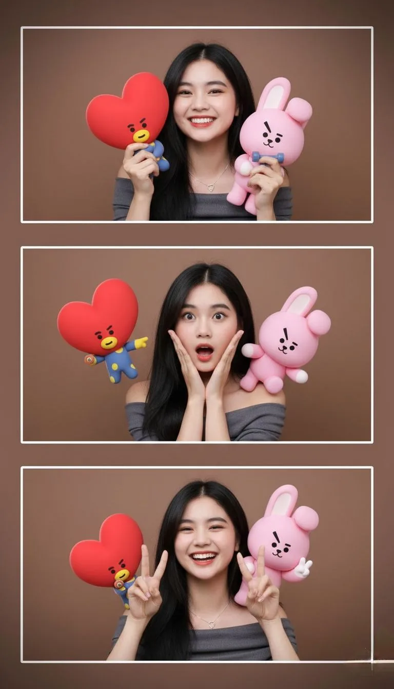 "A vertical photobooth strip with three rectangular panels arranged vertically, separated by white borders, against a solid soft brown