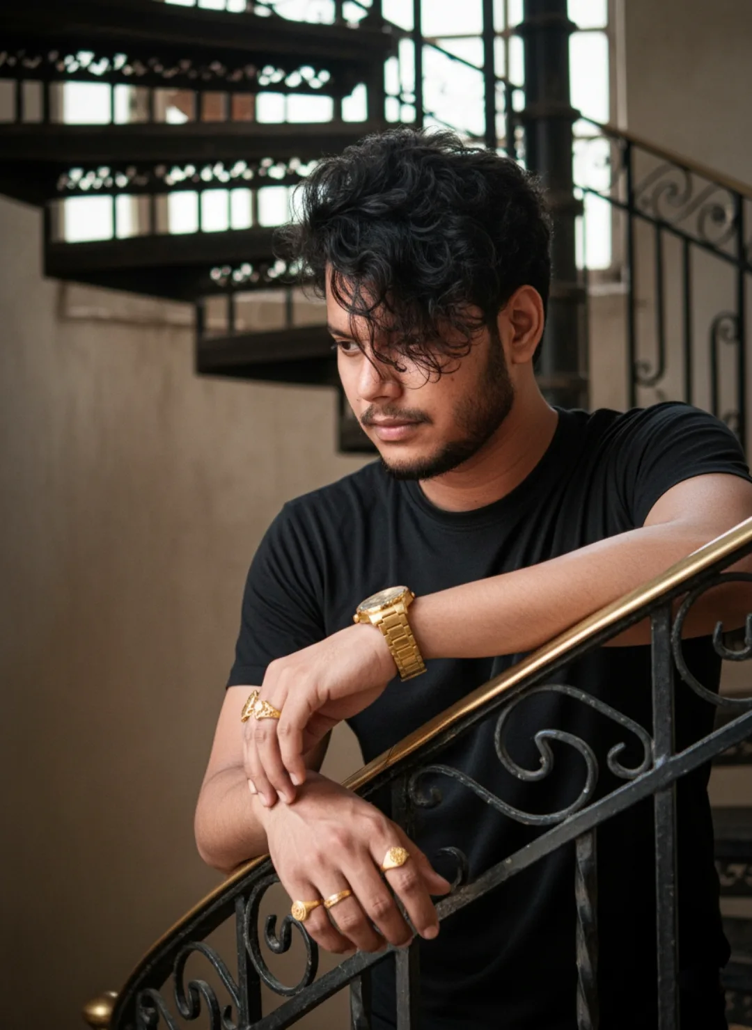 Young South Asian man with messy wavy curly black hair, short beard and mustache, serious contemplative expression looking slightly to the