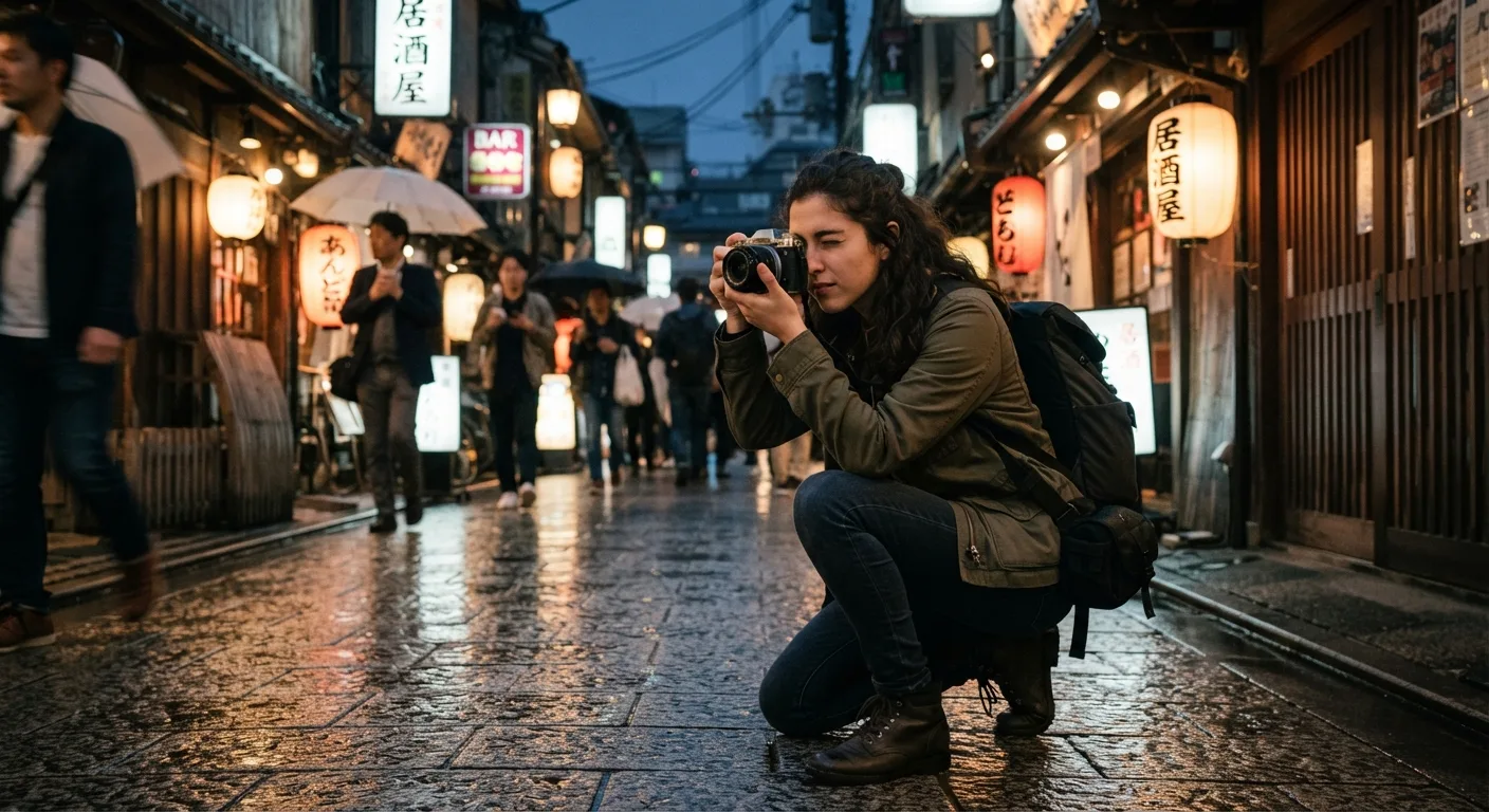 "A realistic cinematic shot of a young woman crouching down on a wet, rainy cobblestone street in a traditional Japanese alley at twilight.