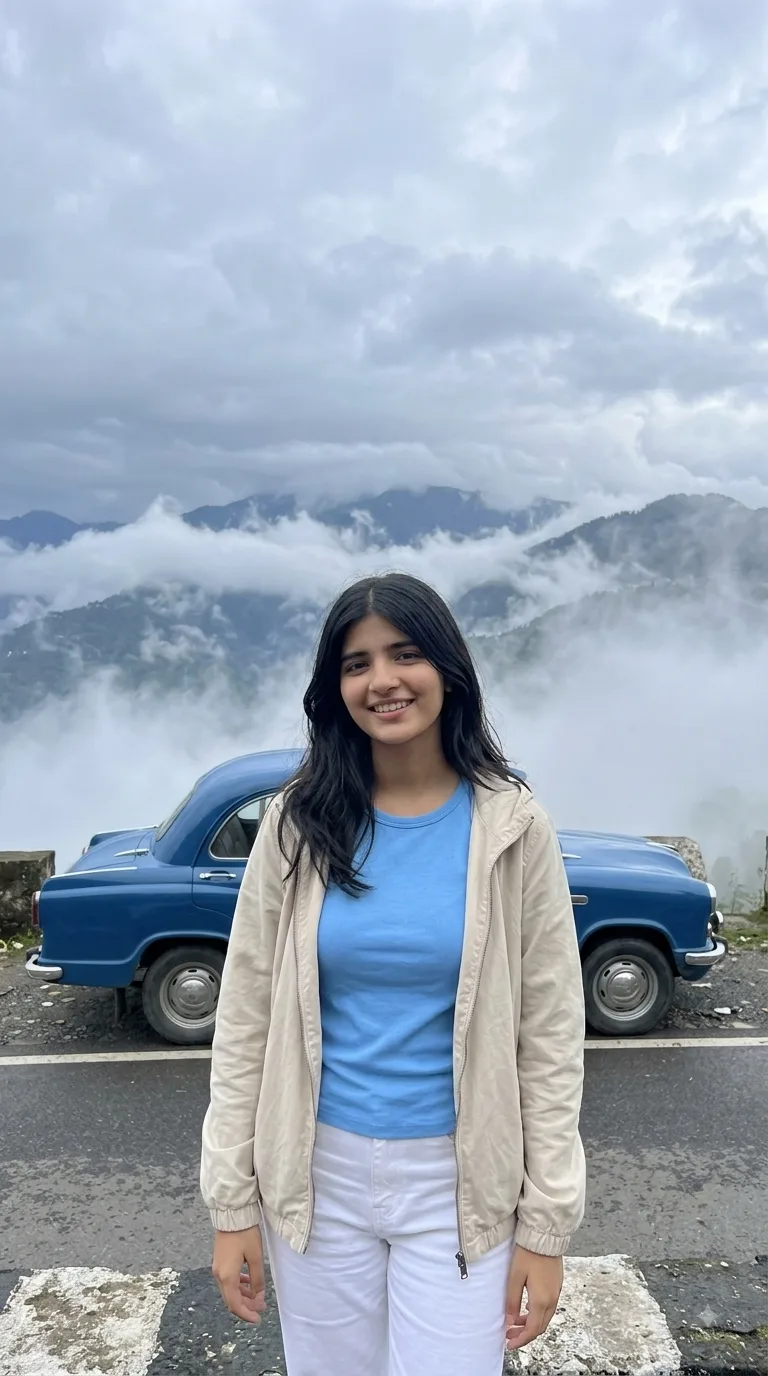 “Use the provided reference image as the primary visual reference.” A girl who stand on hill station and smiling background is very cloudy