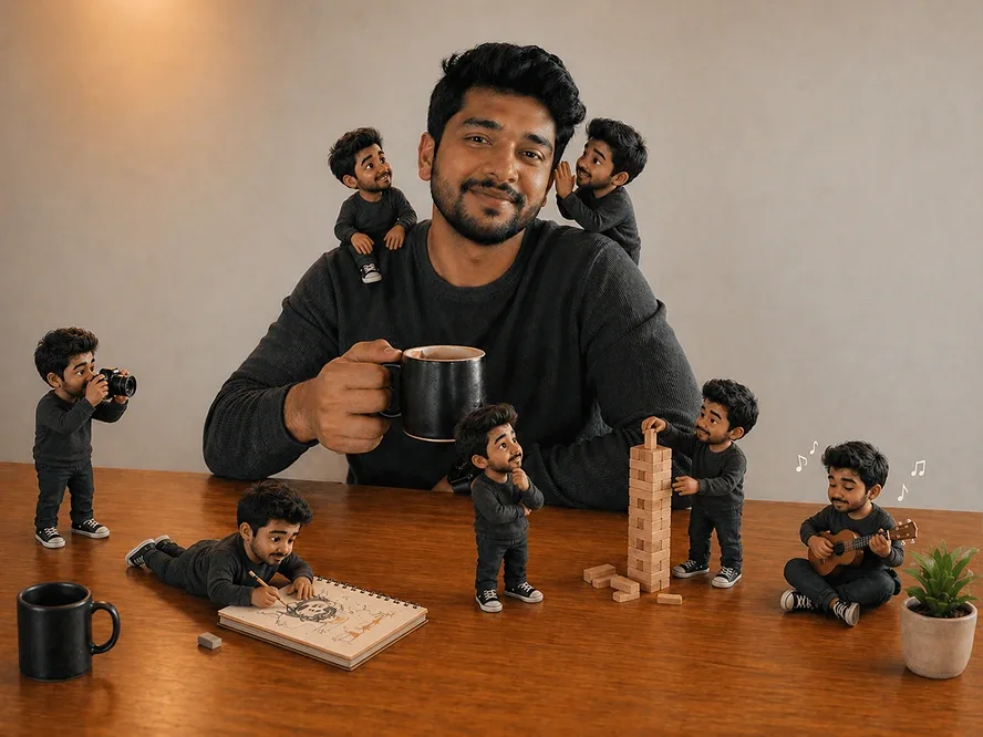 Turn this photo into a magical “Mini Me” world where tiny animated versions of yourself come to life around you.