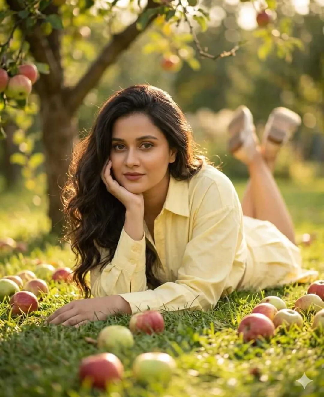 Ultra realistic optic photo of a young woman lying on her stomach on soft green gras undering apple tree in a sunny geden, exact-angle