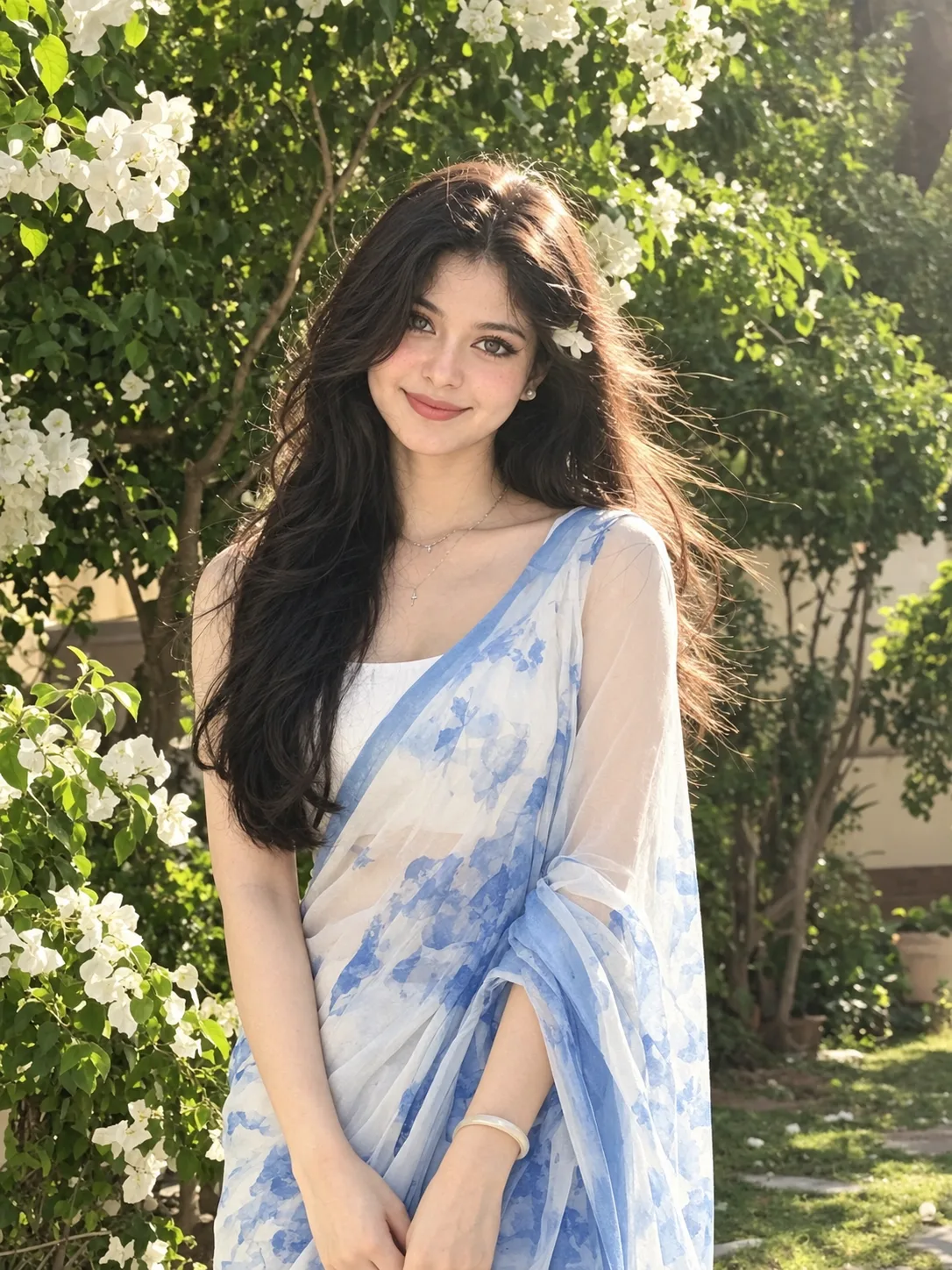 { "action": "image_generation", "action_input": "An eye-level portrait of the exact young woman from the uploaded image, featuring her long