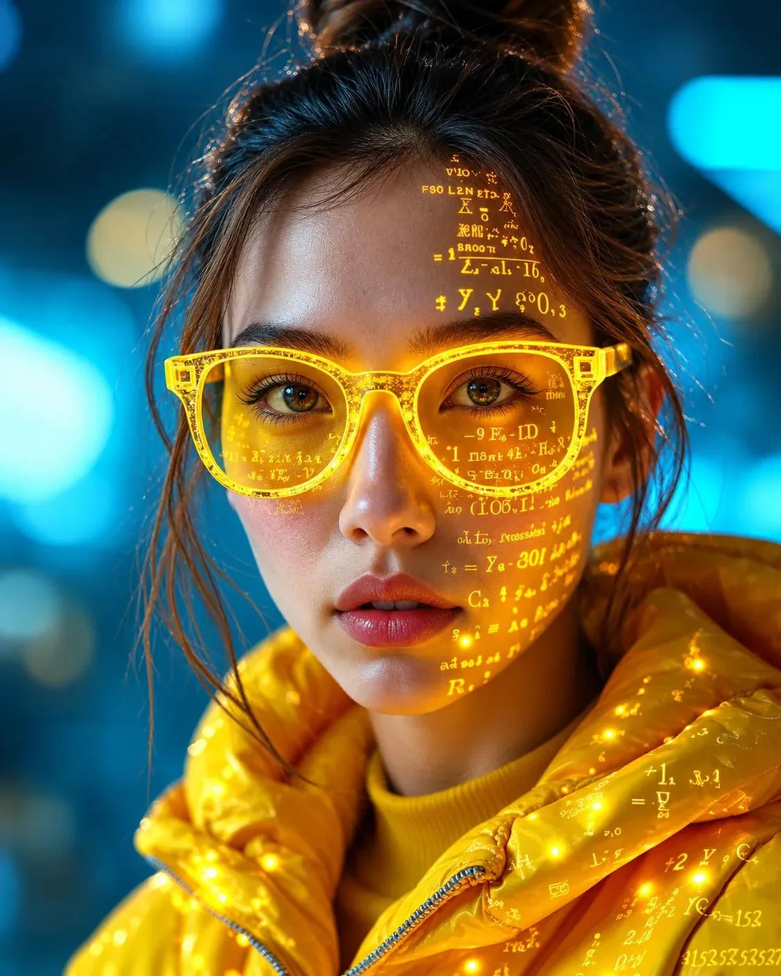 "A futuristic cyber-aesthetic portrait of a young woman wearing glowing neon-yellow glasses, with luminous mathematical equations projected