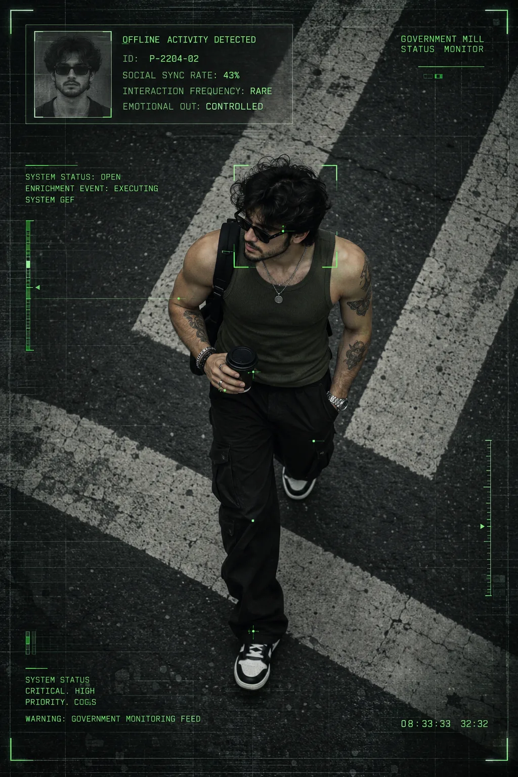 Create a high-resolution 2:3 portrait cinematic surveillance poster featuring an adult male naturally walking diagonally across an urban