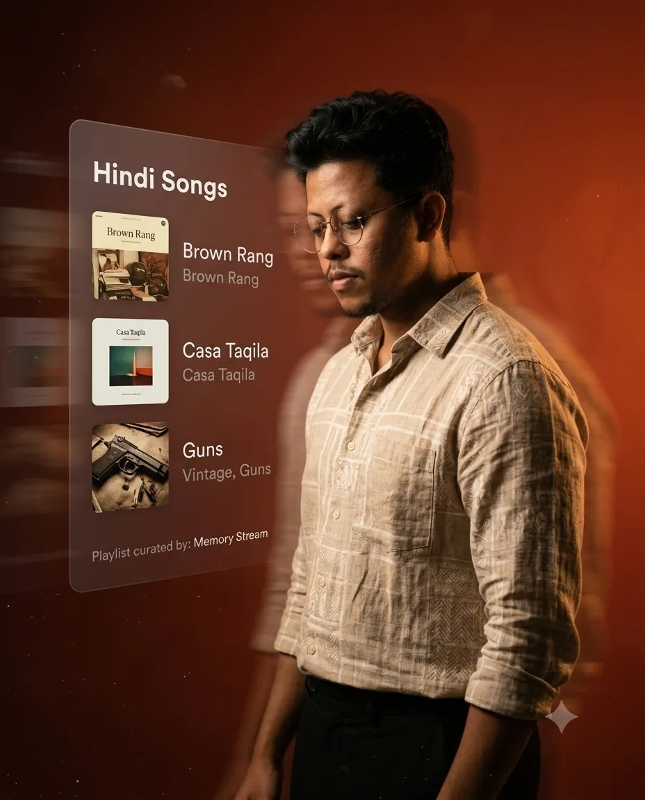 Nostalgia Hindi playlist PROMPT Brown rang casa taqila Guns A cinematic musicinspired editorial portrait of a handsome young indian man