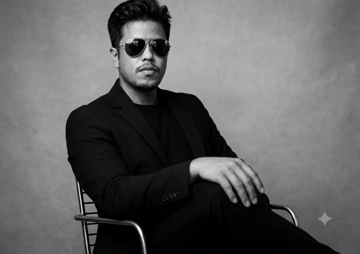 A bold black-and-white studio portrait of a stylish man seated confidently in a minimalist chair, wearing a tailored black blazer over a