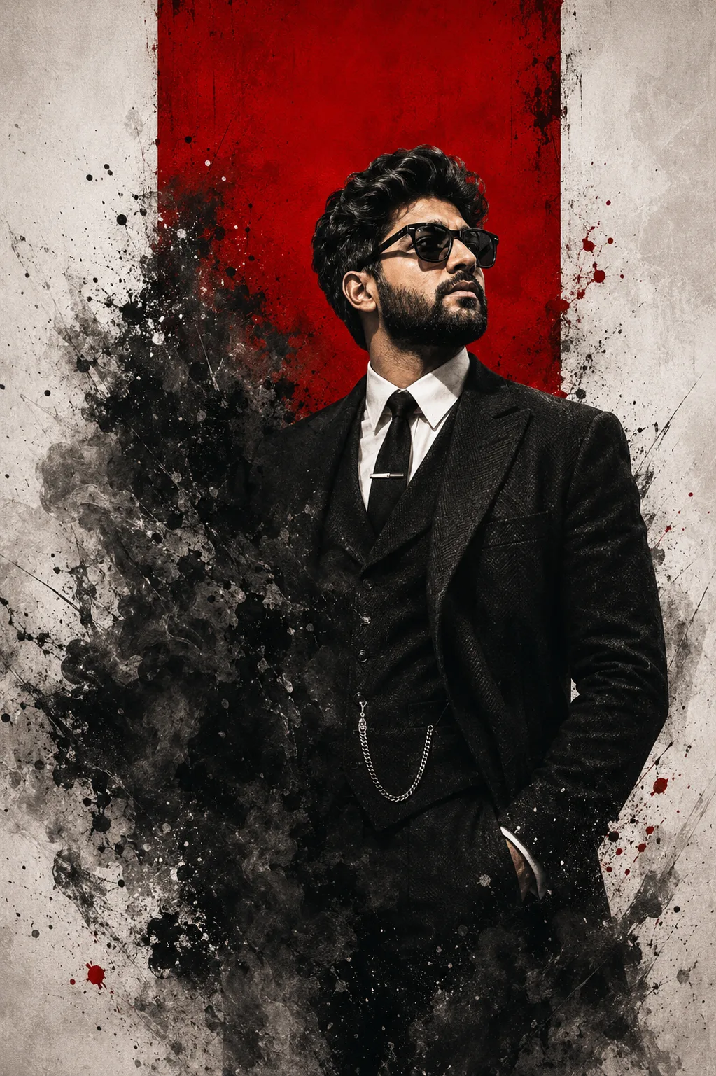 A highly stylized cinematic digital artwork of a handsome young adult man portrayed as a 1920s–1930s British gangster, standing in a