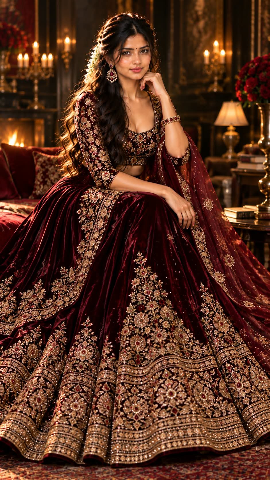 Prompt by @aipromptsgenz Create a luxurious cinematic South Indian evening-fashion portrait using the uploaded reference face exactly and