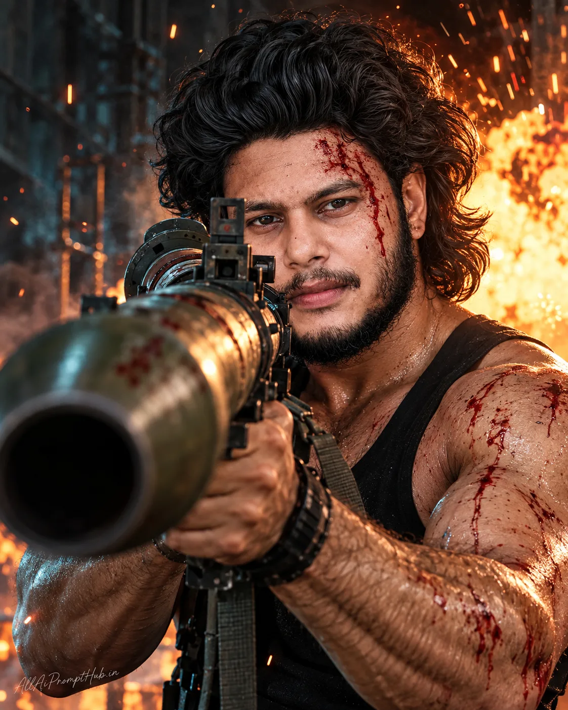 Ultra-realistic cinematic action portrait of a battle-worn young South Asian man aiming a heavy tactical rifle directly toward the camera.